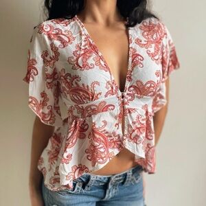 Charlotte Russe Red and White Paisley Blouse